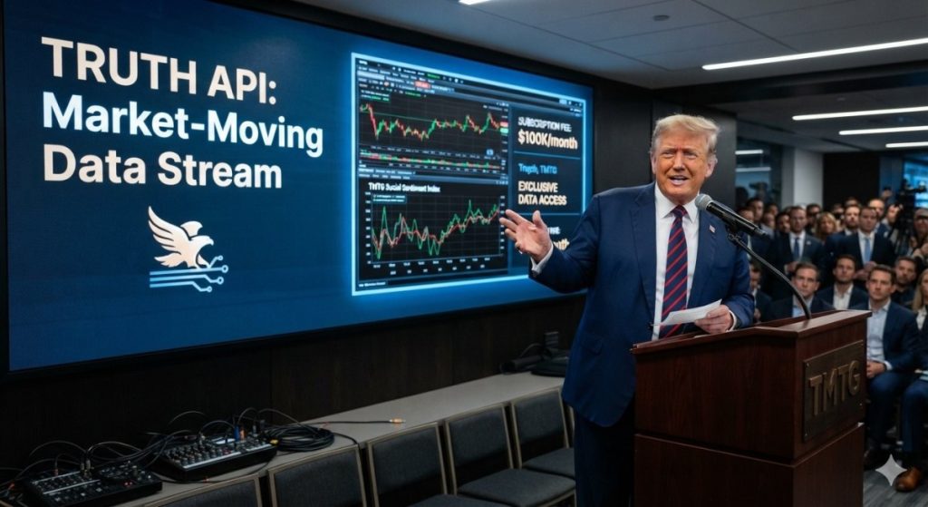 Trump Media announcement presentation showing the Truth API market-moving data stream interface with stock charts and subscription details.